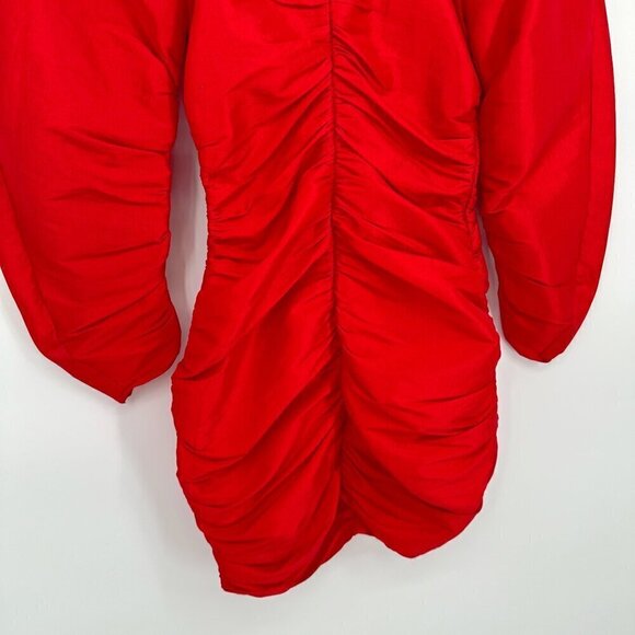 ZARA Draped Ruched V-Neck Mini Dress Gathered Puff Sleeve in Red Women's XS - Picture 5 of 11